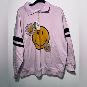 NWT EASEL Pink Smiley Face Collared Oversized Sweatshirt - medium